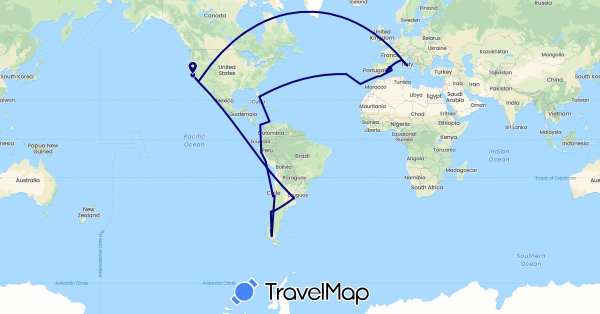 TravelMap itinerary: driving in Argentina, Chile, Colombia, Spain, France, Italy, Panama, Peru, Portugal, United States (Europe, North America, South America)